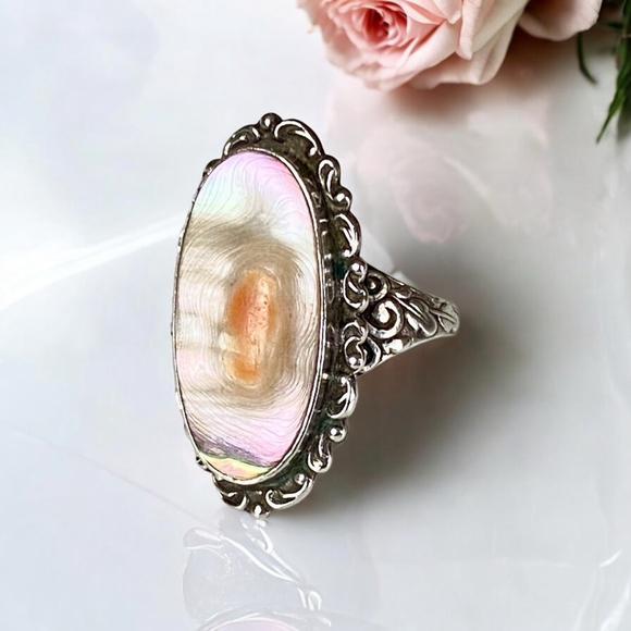 Antique Victorian Ornate Blister Pearl Sterling Silver Ring Size 6.5 - Picture 1 of 6